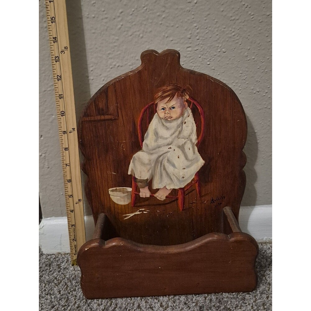 VTG Wooden Folk Art Wall Mounted Hanging Upset Boy Getting Haircut 70's - Picture 3 of 4